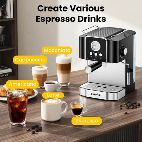 Professional 20 Bar Espresso Coffee Maker With Built In Steam Wand And Silky Milk Frother, Semi Automatic Home Barista Brewer With 1.8L Removable Tank For Pulling Smooth Lattes And Cappuccinos, Zero Hassle Cleanup For Daily Brews with various espresso drinks on a wooden table.