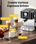 Pro Level 20 Bar Espresso Coffee Maker With Fast Warm Up Milk Frother and Precision Steam Wand creating lattes and cappuccinos.