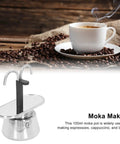 Straight Up Barista Quality 100 Ml Stainless Steel Moka Pot Espresso Maker with thick filter beside coffee cup and beans.