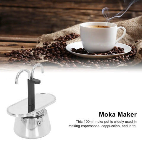 Straight Up Barista Quality 100 Ml Stainless Steel Moka Pot Espresso Maker with thick filter beside coffee cup and beans.