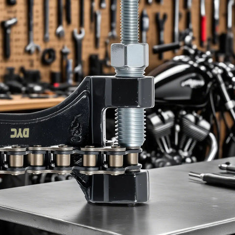 Close-up of a 420 Chain Kit 132 Links Cut To Fit With Master Links Breaker Tool on a workbench in a garage setting.
