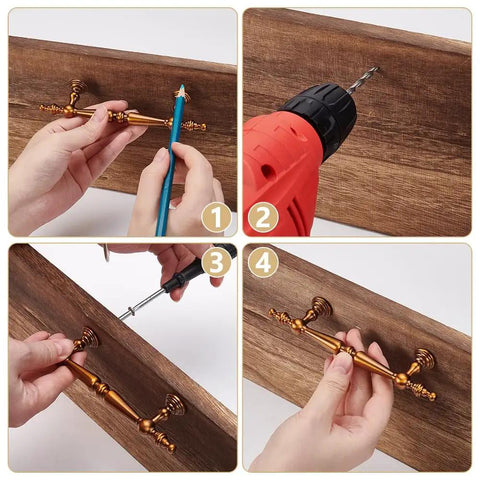 Installation process of 6.1 inch Coffee Tone Antique Brass Cabinet Pulls Set on wooden surface with drill and screwdriver.