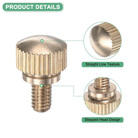 Heavy Duty Solid Brass M4x6mm Knurled Thumbscrew Pack With Grippy Quick Swap Bolts For PC Builds And Electronics Repair No Sweat Diy Fasteners Built Rock Solid close-up showing knurled texture and stepped head design.