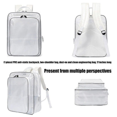 Heavy Duty Pvc Antistatic Backpack With Spacious Transparent Front Panel Ergonomic Tool Pack Built Solid For Cleanroom Protocols And All Day Job Site Hauls, shown from multiple angles.