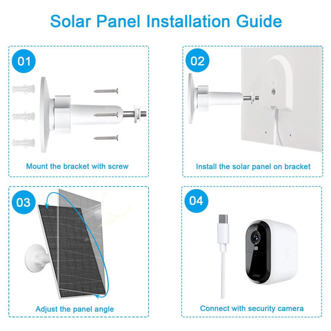 Installation guide for 7W Solar Panel Charger For Arlo Essential 2K 2Nd Gen Essential XL And Essential Spotlight Cams USB C To Micro USB