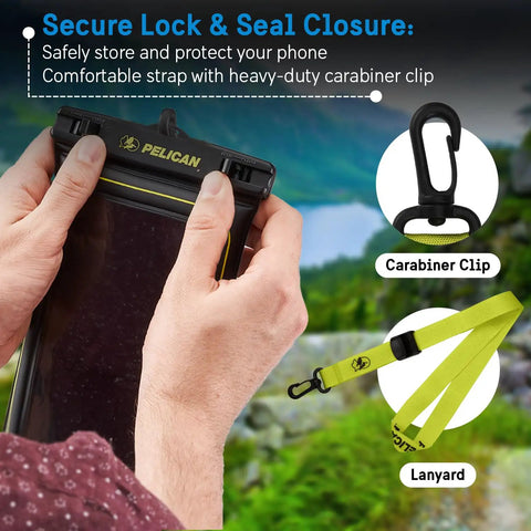 Person holding Two Pack Marine Waterproof Phone Pouches XL For Beach, Boat, Kayak And Poolside Adventures with carabiner clip and lanyard