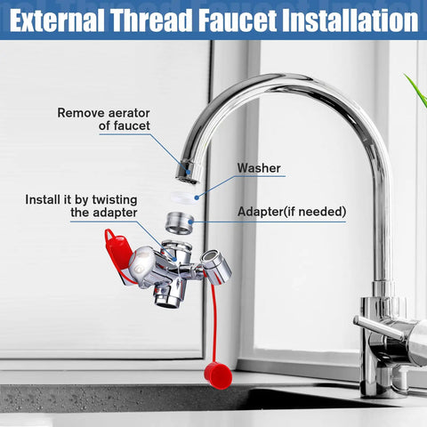 Faucet Mounted Eye Wash Kit With Emergency Continuous Flow Eyewash Station installation steps showing adapter and faucet.
