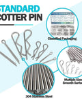 Cotter Pin Assortment Kit With 230 Pieces In 13 Sizes 304 Stainless Steel R Shaped Cotter Pins And Hairpin Split Pin Fasteners Clips For Your Toolbox Or DIY Projects OLA016, showcased in classified packaging with multiple size options.