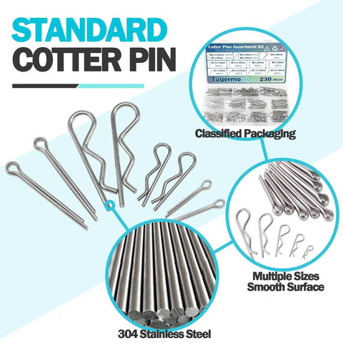 Cotter Pin Assortment Kit With 230 Pieces In 13 Sizes 304 Stainless Steel R Shaped Cotter Pins And Hairpin Split Pin Fasteners Clips For Your Toolbox Or DIY Projects OLA016, showcased in classified packaging with multiple size options.