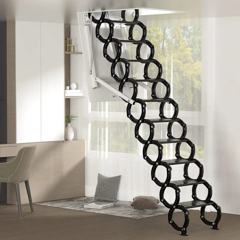 Rock Solid Remote Control Attic Ladder Pull Down Loft Staircase With Titanium Alloy Frame Heavy Duty Folding Steps in a modern home.