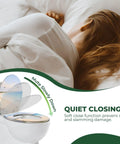 Elongated Toilet Seat Replacement for Bathroom Use showing quiet closing feature, soft close design with a serene background.
