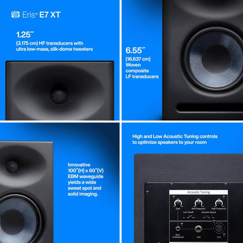 Eris E7 XT 2 Way Active Studio Monitor with EBM Waveguide featuring woofer, tweeter, and tuning controls for home studio use.