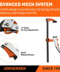 12 Inch Quick Release Bar Clamp Set For Woodworking, Ratcheting Gear Clamp With 600 Pound Load, Heavy Duty 2 Pack For Fast Secure Joints And Minimal Slippage. Orange 12-inch bar clamp with 15-tooth gear and quick-release button.