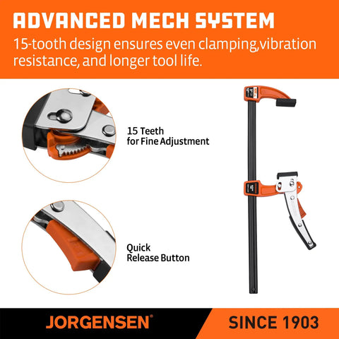 12 Inch Quick Release Bar Clamp Set For Woodworking, Ratcheting Gear Clamp With 600 Pound Load, Heavy Duty 2 Pack For Fast Secure Joints And Minimal Slippage. Orange 12-inch bar clamp with 15-tooth gear and quick-release button.