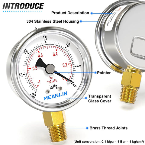 MEANLIN vacuum gauge with 2-inch dial, stainless steel housing, 1/4" NPT inlet and brass fittings