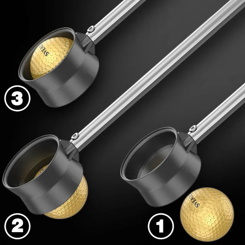 Telescopic Golf Ball Retriever For Water, 12 Ft And 9 Ft Two Sided Grabber displayed with golf ball and stainless steel shaft.