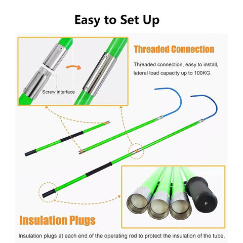 Pro Grade Lifesaver High Voltage Rescue Hook With Telescoping Fiberglass Pole, threaded connection and insulation plugs