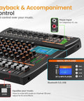 8 Channel USB Audio Mixer With 24 Bit DSP, Bluetooth 5.0 Studio Sound Card featuring control panel and playback inputs