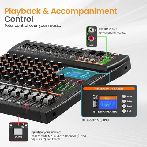 8 Channel USB Audio Mixer With 24 Bit DSP, Bluetooth 5.0 Studio Sound Card featuring control panel and playback inputs