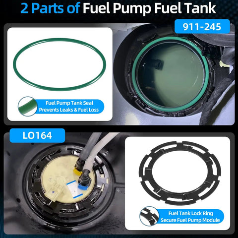 Components of Go-To Fuel Tank Seal And Lock Ring Tool Kit For GM Chevy Ford Chrysler Dodge Jeep Vehicles, includes 911-245 O Ring, LO164 Lock Ring
