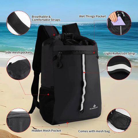 20L Waterproof Dry Bag Backpack with Waist Pouch and Phone Case for Kayaking and Boating, showing features and compartments.