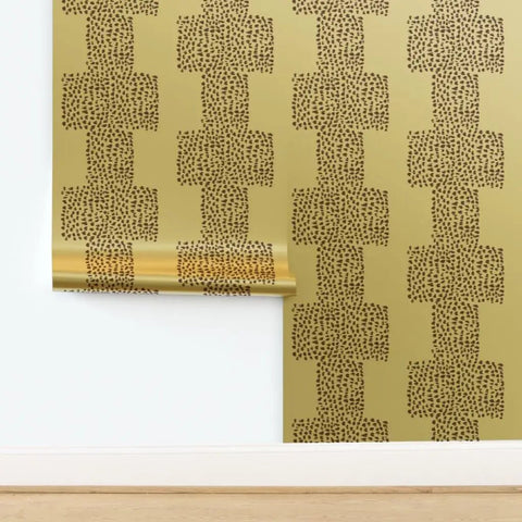 Luxe Gold Abstract Dots Metallic Wallpaper Featuring Rich Fibrous Texture And Glamorous Shine To Bring Sick Vibes To Any Room Eco Friendly Pvc Free Type I Wall Covering Class A Fire Rated Made In Usa Paste The Wall Application with a textured gold dot design.