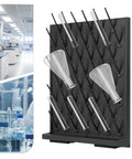 AngelcityCC 52-Peg Lab Glassware Drying Rack Pegboard Wall-Mount with test tubes and flasks positioned for drying.