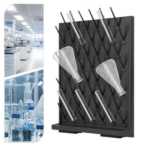 AngelcityCC 52-Peg Lab Glassware Drying Rack Pegboard Wall-Mount with test tubes and flasks positioned for drying.