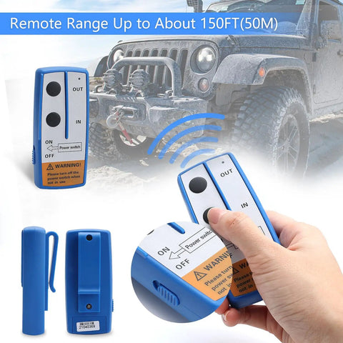 250A 12V Winch Solenoid Relay With Wireless Remote Kit, showing hand holding remote in front of Jeep for winches up to 5000lbs