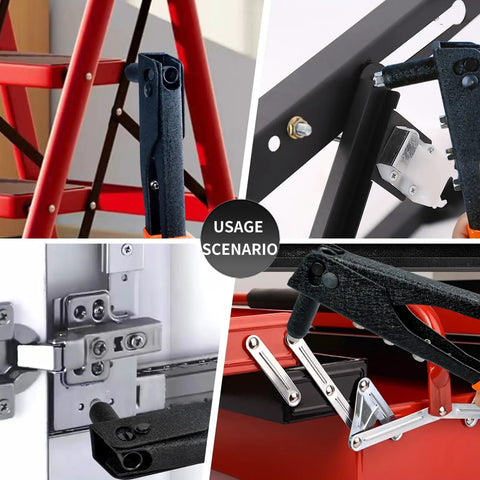 Manual Pop Rivet Gun Kit With 4 Replaceable Nosepieces And 200 Rivets shown in various usage scenarios