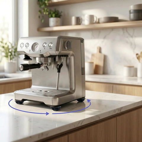 Silver coffee maker on a marble countertop with Self Adhesive Mini Caster Wheels For Appliances 8 Pack attached underneath.
