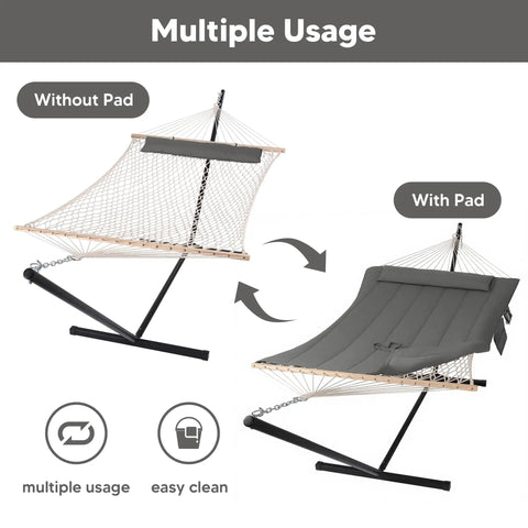 Two Person Outdoor Hammock With Stand And Carry Bag, Cotton Rope Hammock With Detachable Reversible Quilted Polyester Pad, Dark Gray, shown with and without pad
