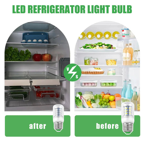 Comparison of fridge interior before and after using LED Fridge Light Bulb 5304511738 Replacement For Frigidaire Electrolux Kenmore PS12364857 AP6278388 3.5W
