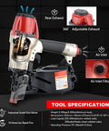 CN565B Beast 15 Gauge Siding Nail Gun Coil Pneumatic with red and black design showing rear adjustable exhaust and air inlet filter.