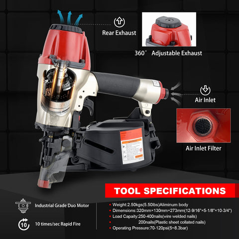 CN565B Beast 15 Gauge Siding Nail Gun Coil Pneumatic with red and black design showing rear adjustable exhaust and air inlet filter.