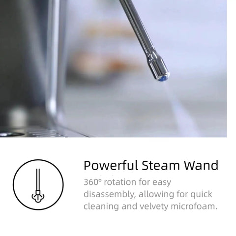 Powerful steam wand of the Kickstart Mornings With This Sleek Stainless Steel Espresso Machine featuring 360° rotation for microfoam.