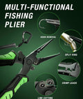 Multi-functional fishing plier demonstrating hook removal, split ring, crimp leads, and line cutting from Telescopic Fishing Rod And Reel Combo Portable Travel Kit With Carrier Bag For Freshwater And Saltwater Angling Lightweight All Graphite Rod Durable Grab And Go Style Gear With Plier.
