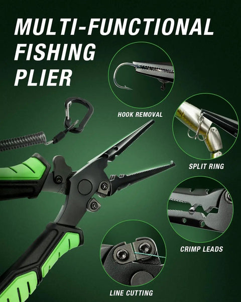 Multi-functional fishing plier demonstrating hook removal, split ring, crimp leads, and line cutting from Telescopic Fishing Rod And Reel Combo Portable Travel Kit With Carrier Bag For Freshwater And Saltwater Angling Lightweight All Graphite Rod Durable Grab And Go Style Gear With Plier.