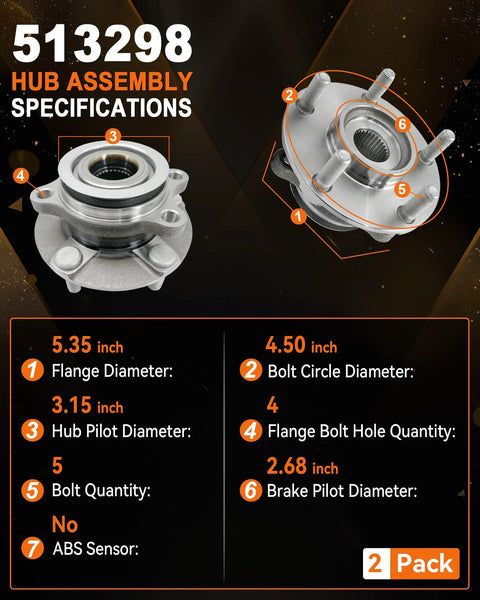 Specifications of the 2Pcs Front Wheel Bearing Hub Assembly 513298 for Nissan Rogue and Sentra, labeled with measurements and details.