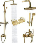Antique Brass Exposed Pipe Shower System With 8 Inch Rainfall Head And Handheld Sprayer Dope Brass Fixture For Modern Bathrooms