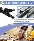 Pro Spec Number 12 X 3/4 Inch Pan Head Self Drilling Screws, Black 410 Stainless Steel Sheet Metal Fasteners With Phillips Drive, close-up of two screws.