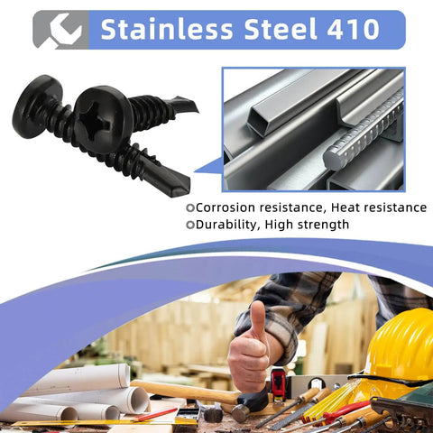 Pro Spec Number 12 X 3/4 Inch Pan Head Self Drilling Screws, Black 410 Stainless Steel Sheet Metal Fasteners With Phillips Drive, close-up of two screws.