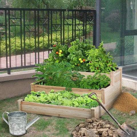 Three Tier Raised Garden Bed With 47 Inch Square Footprint And 22 Inch Height Wooden Planter in backyard, filled with plants.