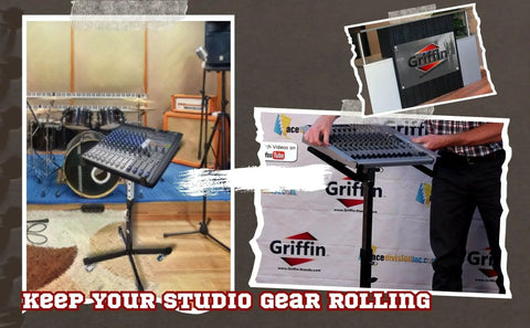 Rolling Studio Mixer Stand On Casters With Adjustable Height For Home Studio And Onstage Use MobileTILT Series shown in use