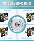 Pressure Balancing Valve Trim Replacement for Windemere 14 Series Chrome Finish With Lever Style Handle And Cold And Hot Temperature Indicator Aftermarket Part Compatible With R10000 Series Shower Valves Trim Kit Only. Center image shows chrome finish with lever handle surrounded by four compatible valve types for Delta R10000.