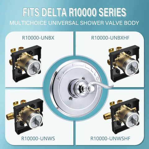Pressure Balancing Valve Trim Replacement for Windemere 14 Series Chrome Finish With Lever Style Handle And Cold And Hot Temperature Indicator Aftermarket Part Compatible With R10000 Series Shower Valves Trim Kit Only. Center image shows chrome finish with lever handle surrounded by four compatible valve types for Delta R10000.