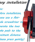 Instruction for All In One Mechanical Bike Disc Brake Kit, showing easy pad separation with screwdriver, red BB7 style caliper.