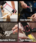 Detailed view of hacksaw, claw hammer, adjustable wrench, and tape measure from the Pink 120 Piece Home Tool Kit With 20V Cordless Drill Driver In Plastic Toolbox For Women DIY Set Perfect For Office Garden And Everyday Home Projects Built For Quick Fixes And Simple Makeovers