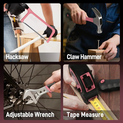 Detailed view of hacksaw, claw hammer, adjustable wrench, and tape measure from the Pink 120 Piece Home Tool Kit With 20V Cordless Drill Driver In Plastic Toolbox For Women DIY Set Perfect For Office Garden And Everyday Home Projects Built For Quick Fixes And Simple Makeovers