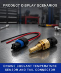 Slick Car Engine Coolant Temperature Sensor With Pigtail Connector, Tough Copper Keeps Your Ride Chill Against Overheating, Hassle Free Bolt On Replacement Fits Chevy Cobalt Aveo Regal OEM 19236568, displayed on a workbench with tail connector.